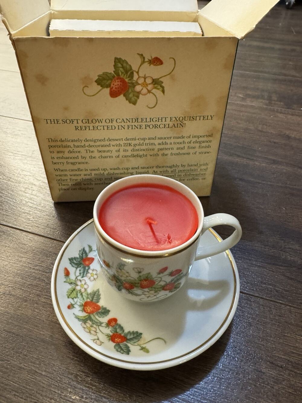 Vintage 1970s Avon Strawberry Porcelain Tea Cup Candle deadstock